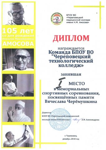 Диплом за 1 место в мемориальных спортивных соревнованиях