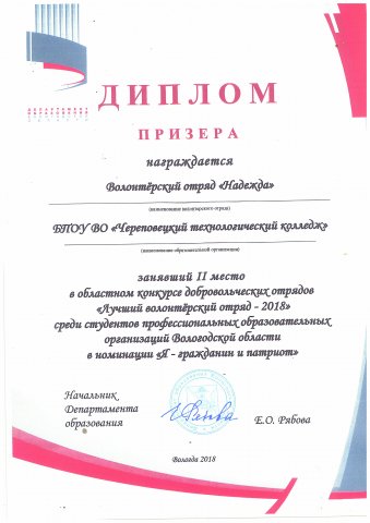 Диплом 2 место волонтерский отряд"Надежда"