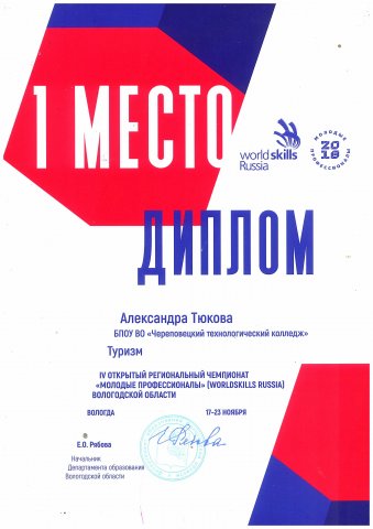 1 место Туризм "Молодые профессионалы"  Тюкова А.