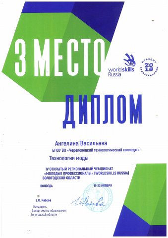 3 место конструирование "Молодые профессионалы"  Васильева А.