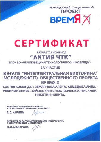 Сертификат "Интеллектуальная викторина" 