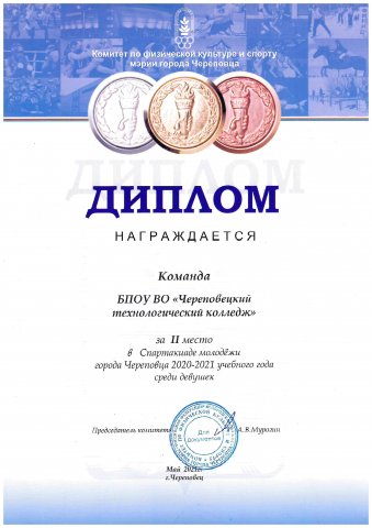 Диплом за 2 место в Спартакиаде молодежи среди девушек 2021