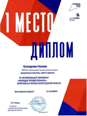 1 место, WS-21, Елизарова П.