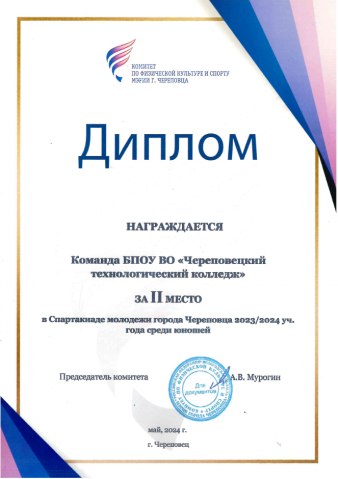 Диплом ЧТК 2 место Спартакиада юноши